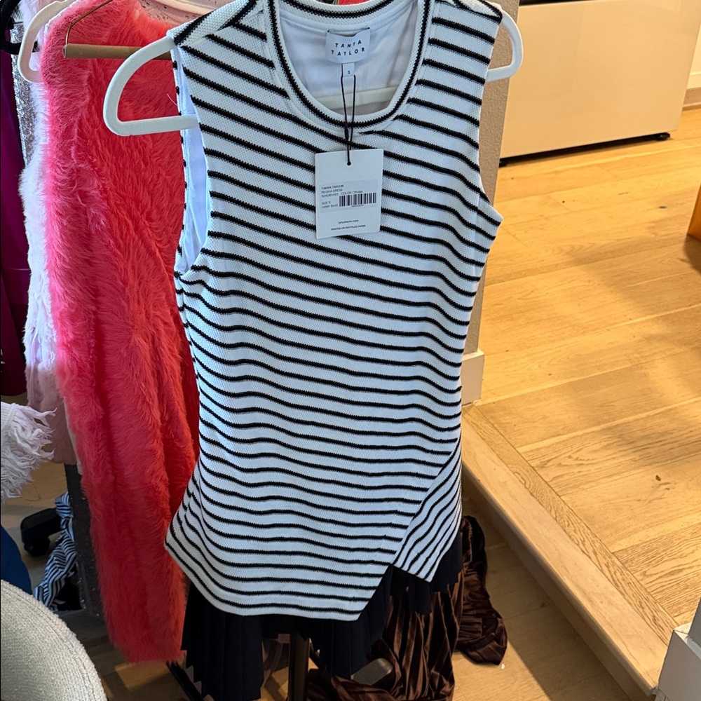 Tanya Taylor Black and White Striped Asymmetrical Dress